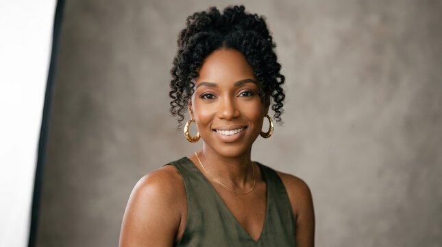 African American woman smiling softly in studio wearing gold hoop earrings, elegant beauty portrait with clean styling and flattering light, realistic detail, no logos