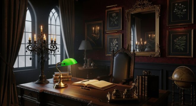 Elegant Study Room with Antique Desk and Decorative Elements.