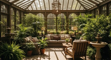 Fototapeta premium Elegant Sunlit Conservatory with Lush Green Plants and Comfortable Seating.