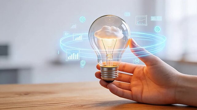 Hand holding light bulb with cloud and icons