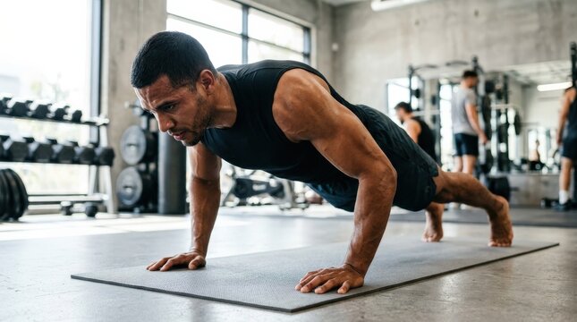 A strong Hispanic man doing push ups, defined muscles, focused expression, athletic posture and natural body tension on a clean training surface, crisp directional light and a determined energetic