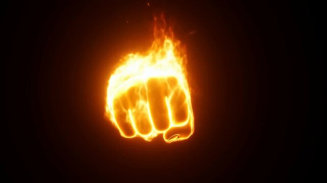 Tracking shot of flaming fist thrusting forward toward camera against dark void background for dramatic impact and fiery visual effect
