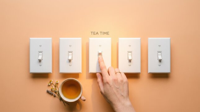 A hand flips a light switch beside a cup of tea on a peach-colored wall with four other switches.
