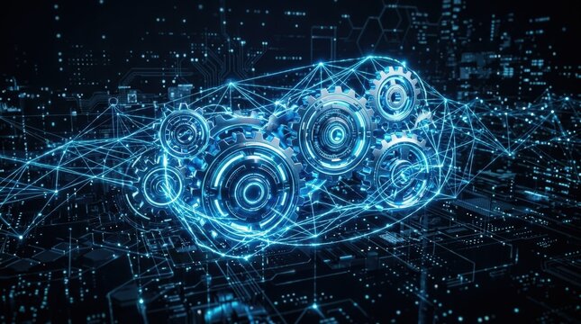 Blue digital gears linked by glowing network lines, technology engineering and innovation concept with futuristic system connections on dark background, luminous depth, polished realism, no logos