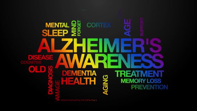 alzheimer's awareness concept Animated Tag Word Cloud kinetic typography, Text Design Animation typography seamless loop video motion graphics Intro Wordart arrangement rainbow type on black backgroun