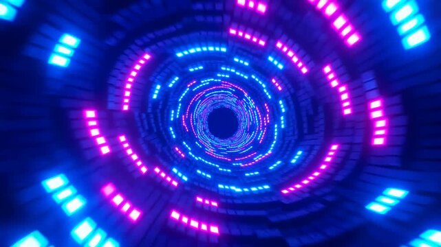 Tracking shot of neon light tunnel spiraling forward with rotating rings and panels through futuristic circular corridor interior