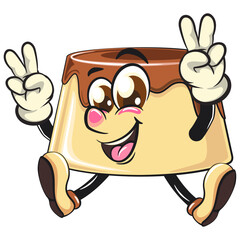 Naklejka premium cute caramel pudding mascot character raising two hands in peace sign while jumping happily, dessert cartoon vector illustration isolated, work of hand drawn