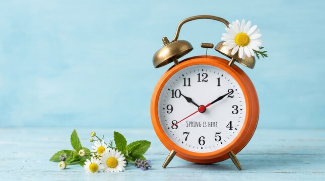 Orange alarm clock with white flower head on blue background, spring is here concept, fresh playful seasonal composition, bright studio light, realistic detail, no logos