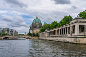 Fototapeta premium Panorama of central Berlin Museum Island, the Spree River with bridges, Berlin Cathedral, and the city skyline.Germany.