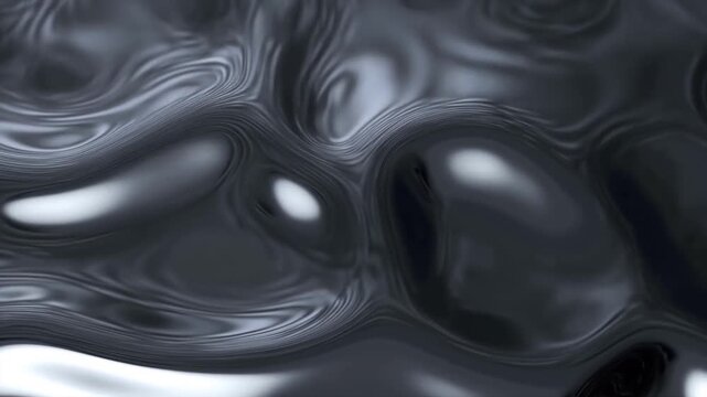 Slow motion panning shot of liquid metal surface forming ripples and reflections in dark studio set close up fluid movement tracking across glossy metallic surface