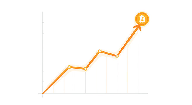 A vibrant orange line graph climbs steeply across a white grid background to reach a glowing golden Bitcoin coin at its highest peak.