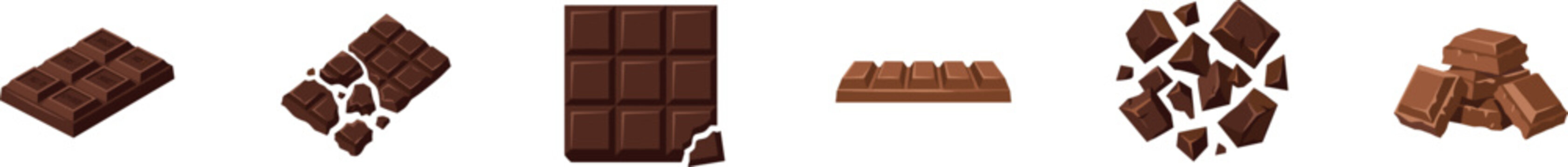 Set of dark chocolate bars and broken pieces vector