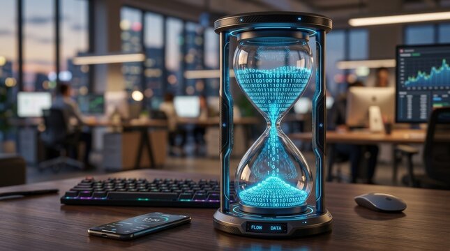 Digital hourglass with glowing binary code sand flowing through glass bulbs, time management and technology concept on a blurred modern background, realistic detail, no logos