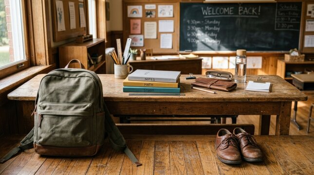 Back-to-school setup with backpack, shoes, and desk on rustic surface, education lifestyle concept with organized student essentials and warm classroom mood, natural light, realistic detail, no logos