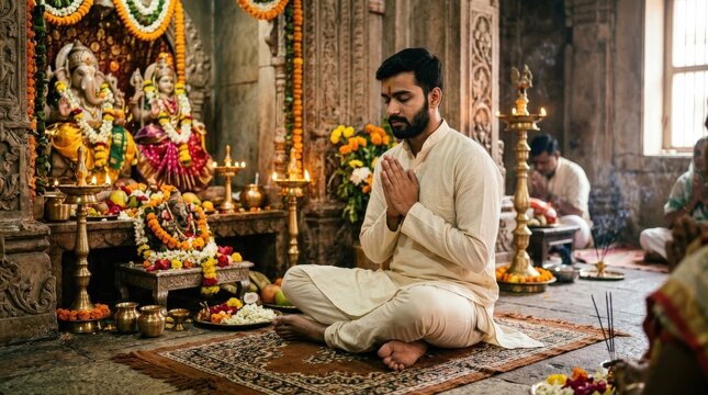 Young man praying in a Hindu spiritual setting, faith devotion and worship concept with calm reverent posture and cultural tradition, warm ambient light, realistic detail, no logos