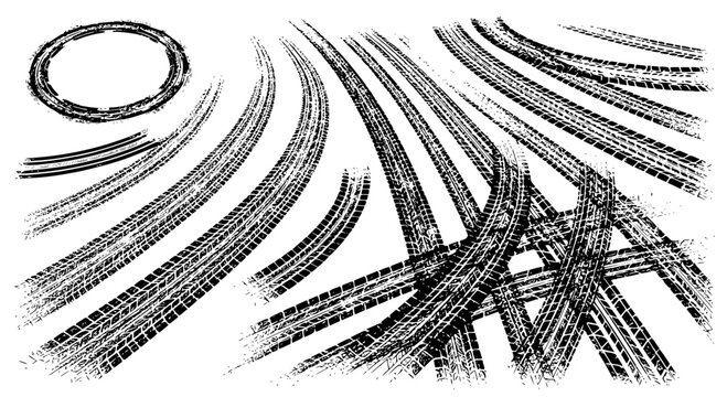 Tire tread marks after skidding, launch, drift, powerslide in motorsport, rally, off-road, motocross. Wheel texture with splash effect. Vector, transparent background SVG version.