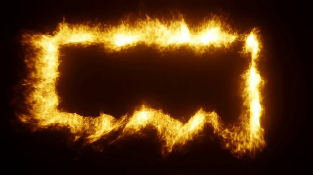 Static slow motion shot of fiery rectangular frame burning and flickering on black background in dark studio interior with glowing orange flames