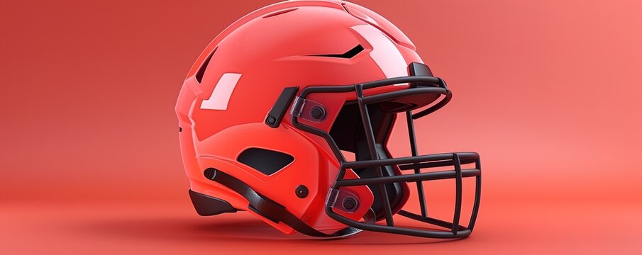 A red football helmet with a black face guard on a matching red background