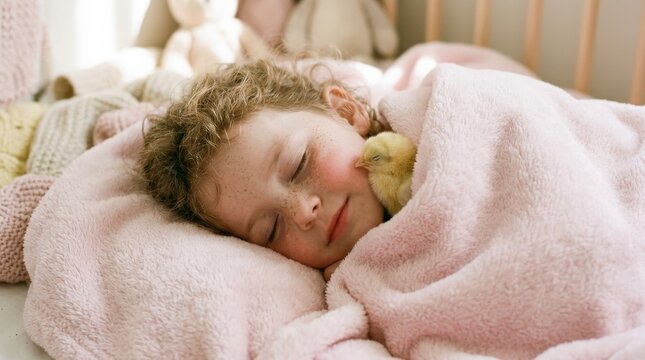 Freckled child peacefully sleeping in fluffy pink blanket with baby chick beside cheek, tender portrait of innocence and warmth, soft pastel tones, no logos