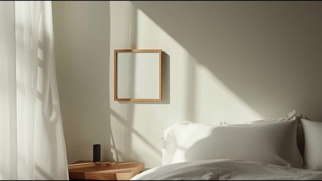 Sunlight shines through window onto a tidy bedroom with white bedding and simple decor in a modern setting