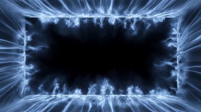 Slow motion zoom of blue energy portal framing dark void with flowing smoke edges in studio abstract background rectangular opening with radiating luminous currents
