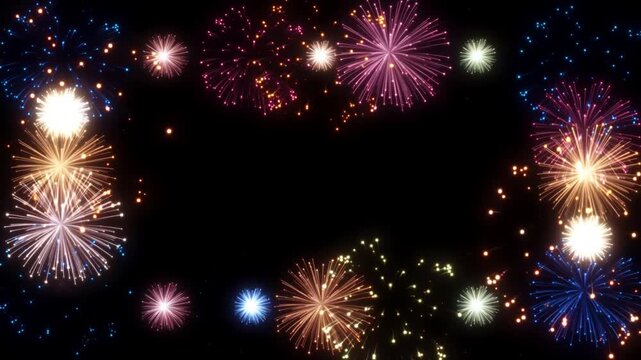 Static shot of colorful fireworks exploding and radiating around dark night sky forming decorative border with scattered sparks