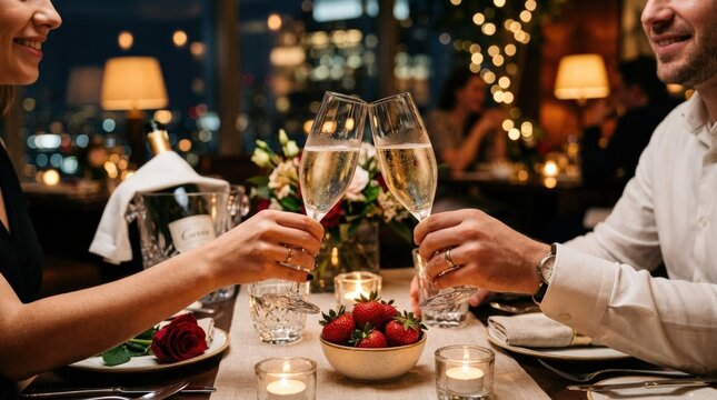 Romantic champagne toast with strawberries, celebration and love concept, elegant table setting, soft bokeh light, realistic detail, no logos