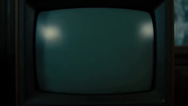 Static shot of vintage television screens cycling from grid test pattern to rolling horizontal bars to static noise in dim retro living room