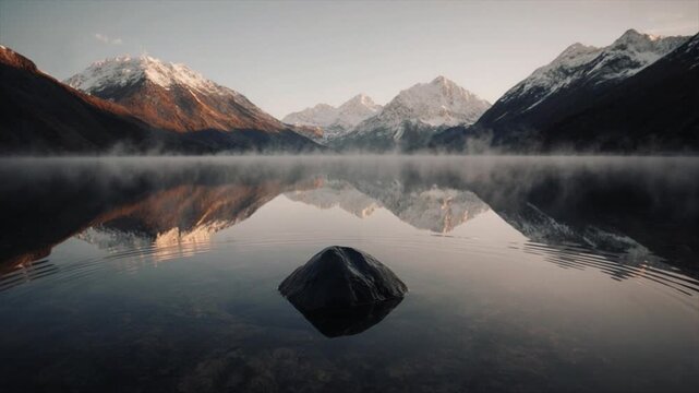 黒曜石と高山湖の鏡面反射・黎明の黄金光・静寂な自然映像