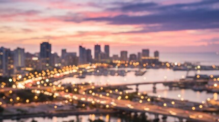 Fototapeta premium Dreamy cityscape at sunset with pink and orange hues and glowing bokeh lights, blurred urban background for travel or lifestyle design, soft atmosphere, realistic finish, no logos