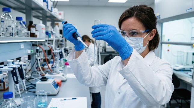 Laboratory technician holding test tube with liquid, scientific research and medical experimentation concept, sterile lab environment, focused close up, cool professional lighting, realistic detail,