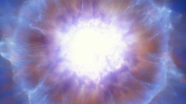Zoom in view of stellar explosion revealing expanding nebula clouds and energetic shockwave in deep space environment