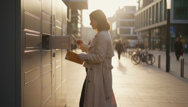Hands scanning QR code on smartphone to access parcel locker in bright outdoor setting