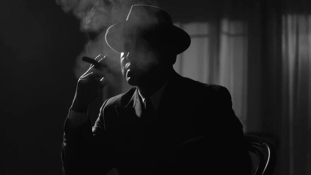 Slow dolly pan of man in fedora smoking cigar seated at table in dimly lit interior with window curtains film noir style