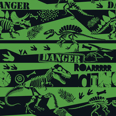 Fototapeta premium Seamless Dino skeleton pattern, print for T-shirts, textiles, wrapping paper, web. Original design with t-rex,dinosaur skeleton. grunge design for boys . 