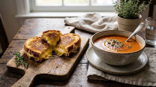 Grilled cheese sandwich served with tomato soup and thyme leaves, comforting classic meal with melted cheese and creamy dip, rustic presentation, appetizing natural light, realistic detail, no logos