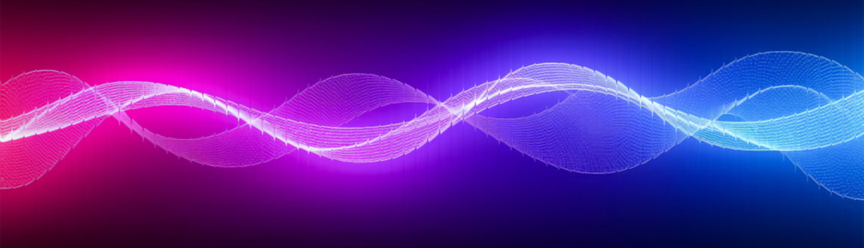 Digital waveform pulses with dual color gradients of pink and blue to symbolize the interconnected nature of data networks and high speed communication within the virtual realm.