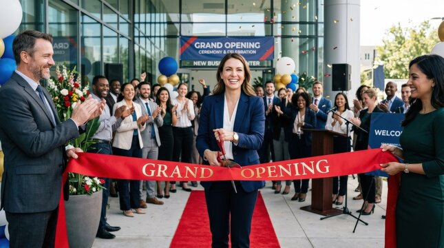 Businesswoman cutting ribbon at a grand opening ceremony, business launch and celebration concept with professional event atmosphere, realistic detail, no logos