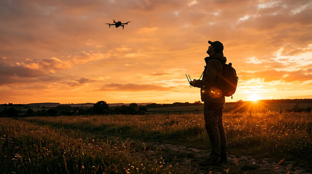 Man Flying Drone at Sunset in Open Field Silhouette Remote Control Aerial Photography Adventure Scene