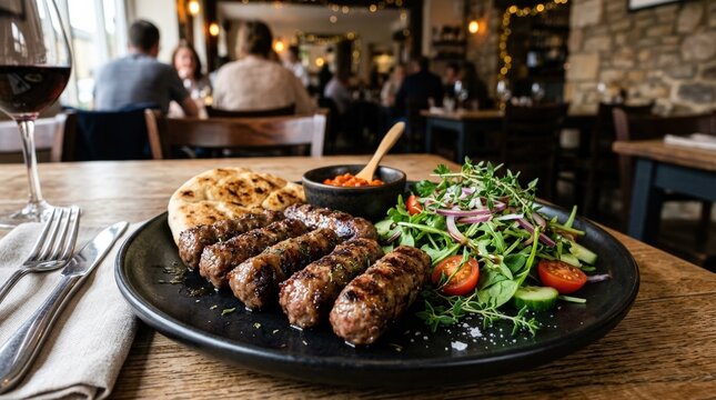 Tender grilled cevapcici rolls with fresh thyme salad on a sleek black plate, juicy texture, herb detail and modern presentation, warm appetizing light and a stylish bistro atmosphere,