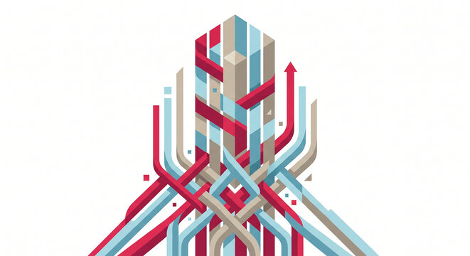 Isometric abstract vector illustration of intertwining colored arrows converging into a central pillar, representing synergy and strategic alignment