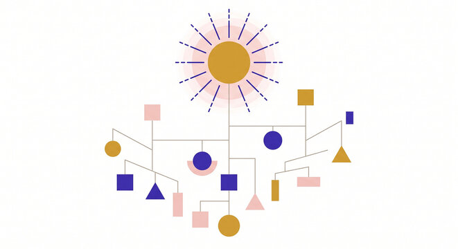 Minimalist premium flat vector conceptual illustration of an abstract family tree connection chart with colorful geometric shapes for a clean genealogy concept on off-white paper texture