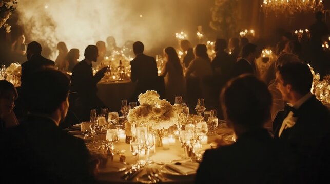 Elegant dinner party, guests seated at round tables, candlelight ambiance.