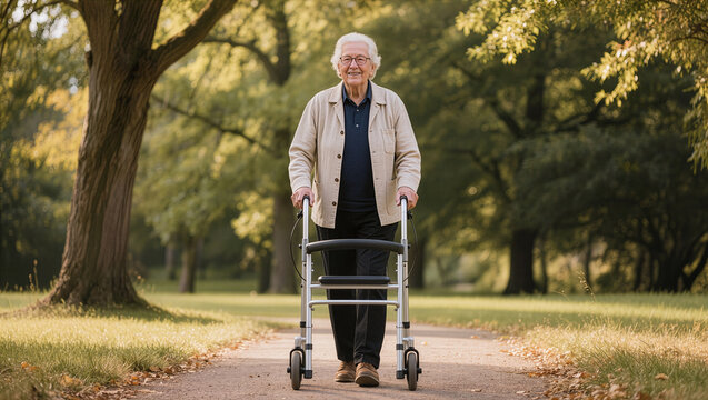 Empowering portrait of a smiling senior man using a modern walker confidently on a sunny park path
