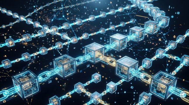 Blockchain network of glowing digital cubes linked by luminous chains, cryptocurrency, data security, and distributed ledger concept with futuristic depth, polished realistic finish, no logos