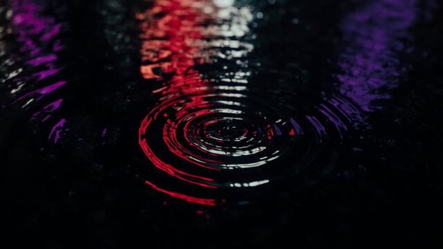 漆黒の水面に映るネオン反射・都市の光と波紋・夜景背景映像