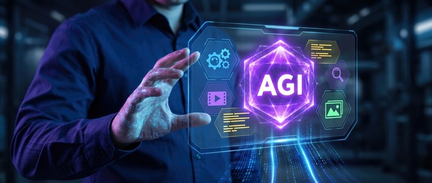 Innovative agi technology demonstration high-tech laboratory digital concept visualization futuristic environment close-up view artificial intelligence advancement