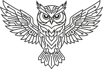 Fototapeta premium Futuristic Owl Line Art with Circuit Wings, Cyber Owl Emblem Vector Design
