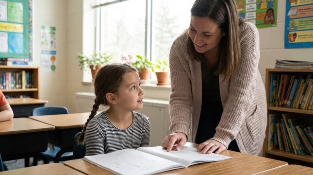 A teacher helping a girl in a classroom, open workbook on the desk, encouraging guidance, warm educational setting with soft daylight and focused attention, ultra-realistic, no logos.