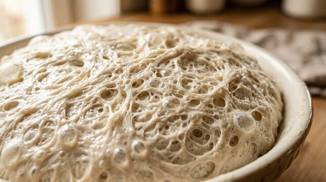 Close-up macro of bread dough texture with airy bubbles and porous structure, fermentation process, baking and culinary application, warm natural light, realistic detail, no logos